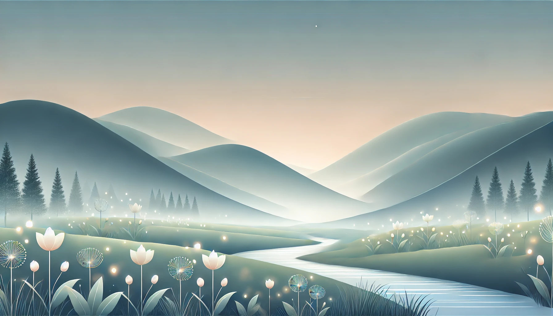 DALL·E 2024 07 14 23.54.27   A minimalist nature scene featuring a serene mountain meadow with soft, rolling hills and a gentle stream. The design includes glowing wildflowers and